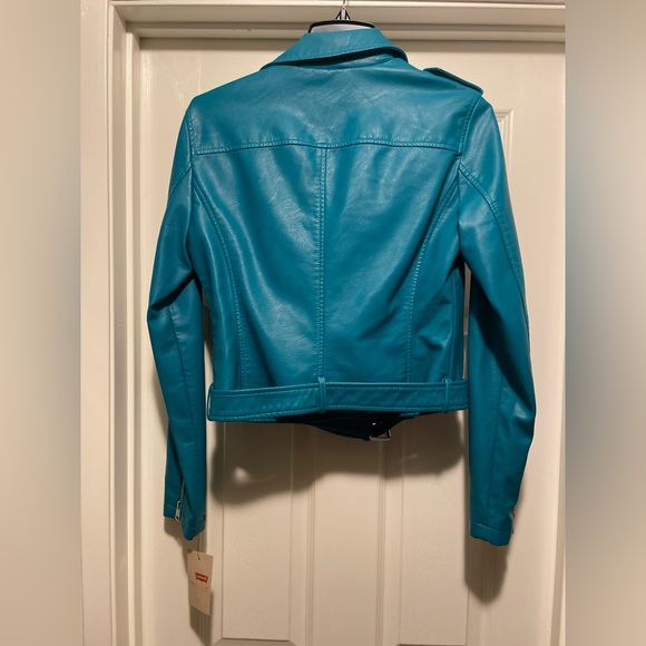 Levi's Motorcycle Jacket Women' Size S Teal Blue Faux Leather Belted Buckle Moto - Picture 3 of 9